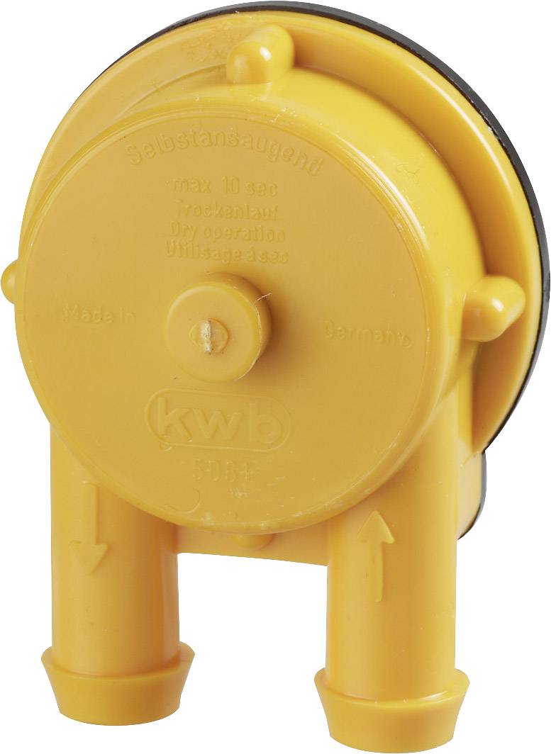 Yellow manual pump with two outlets and a black back panel, marked with 'kwb'.
