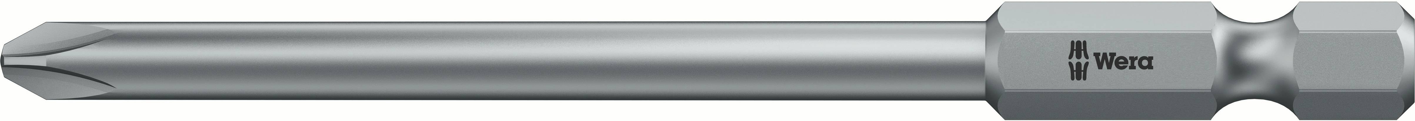 Close-up of a silver cross-head bit with a hexagonal base. 'Wera' marking on the shaft. Suitable for power tools.