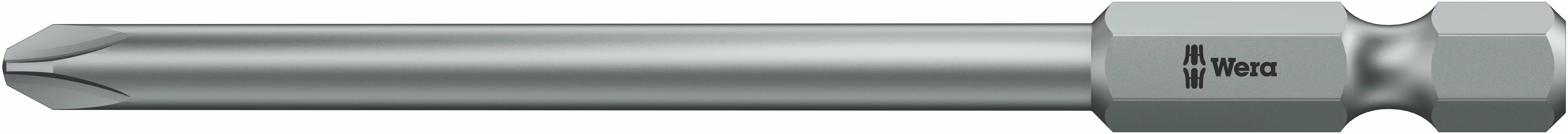 A silver screwdriver bit with a cross-head slot and a company logo on the shaft, in close-up.