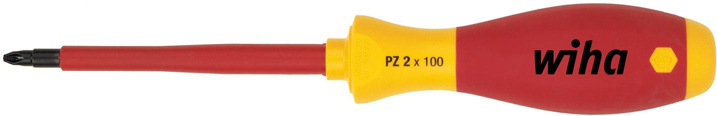 A screwdriver with a red handle and yellow end, marked with 'PZ 2 x 100'. The brand 'wiha' is indicated.