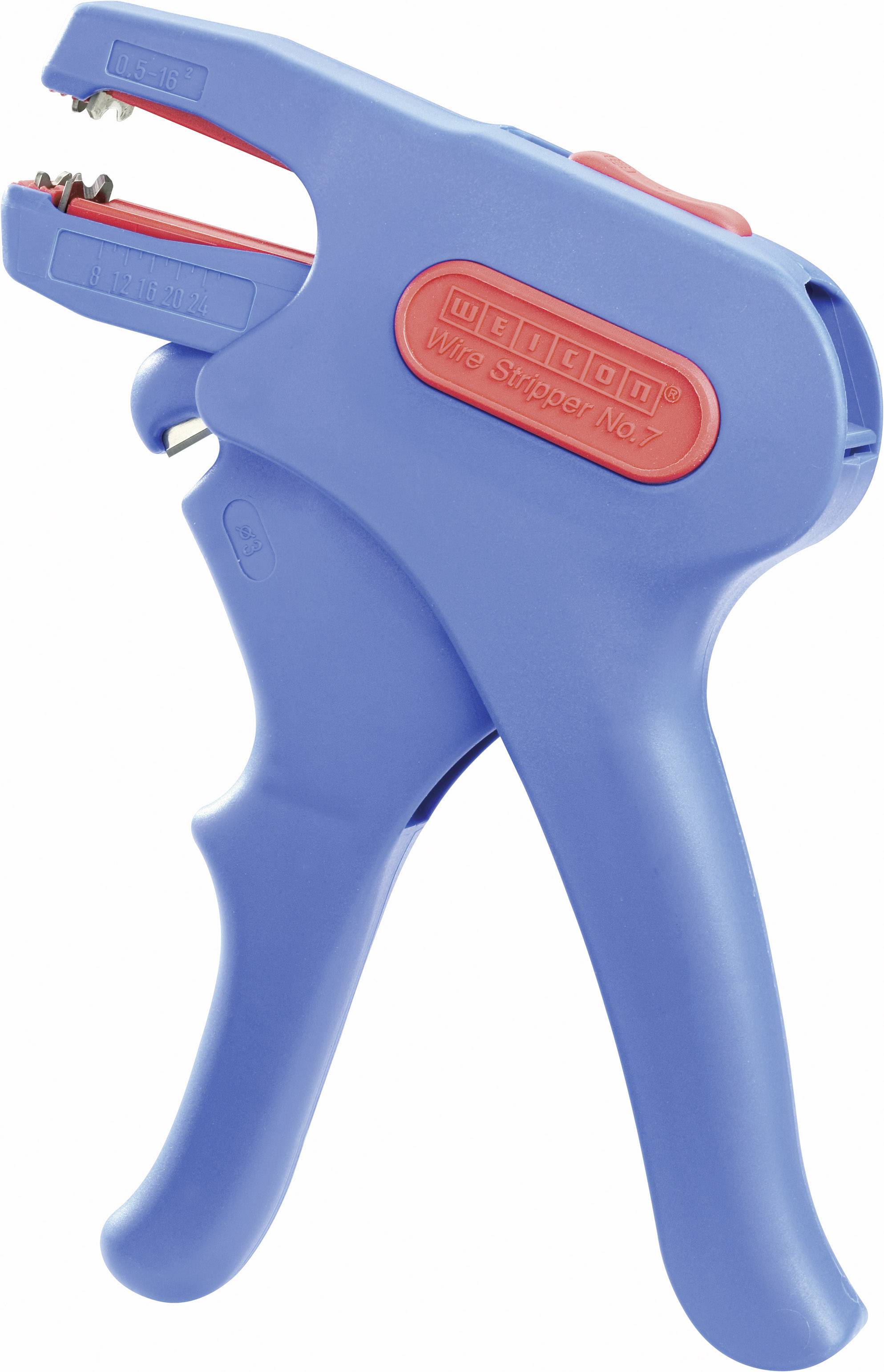 Wire strippers in blue and red, used for removing cable insulation. Ergonomic design for comfortable handling.