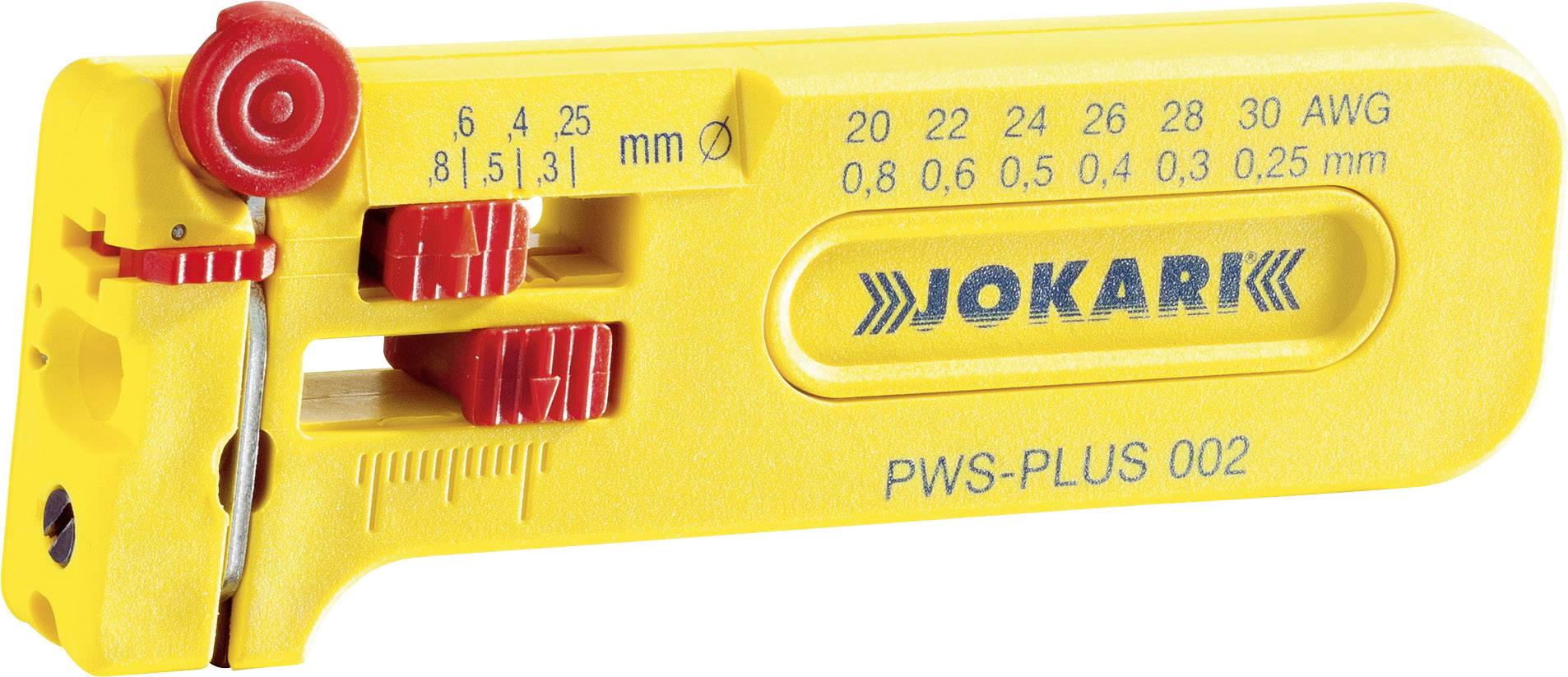 A yellow wire stripping tool with scales for millimetres and AWG. The brand 'Jokari' and model 'PWS-PLUS 002' are printed on it.