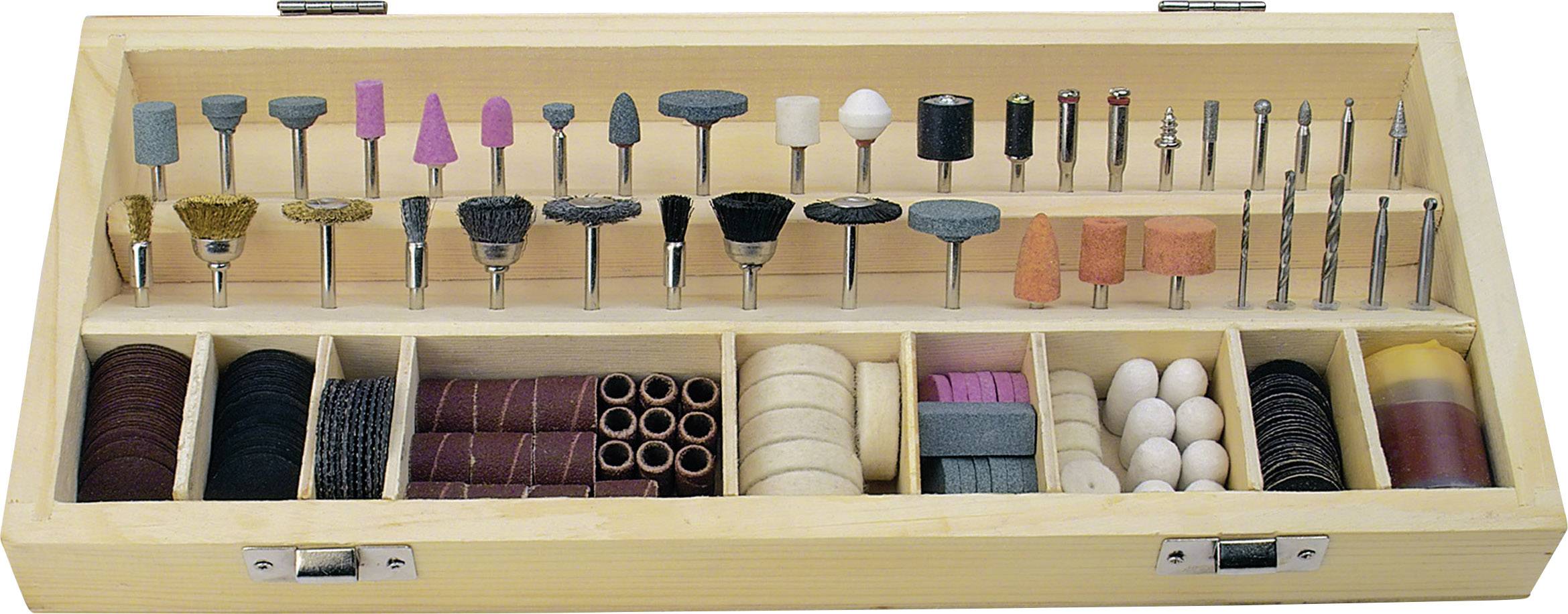 Wooden box with various Dremel accessories: grinding heads, brushes, cutting discs and drill bits arranged in separate compartments.