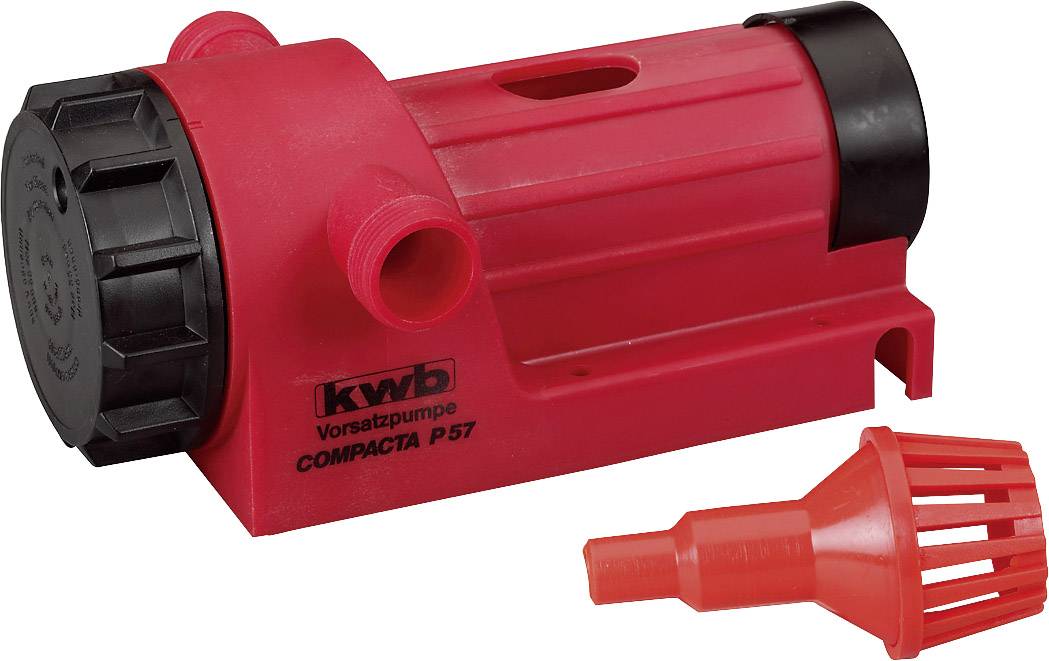 Red feed pump with two nozzles and black-and-white 'KWB' logo. Inscription 'COMPACTA P57'. Includes red intake filter.