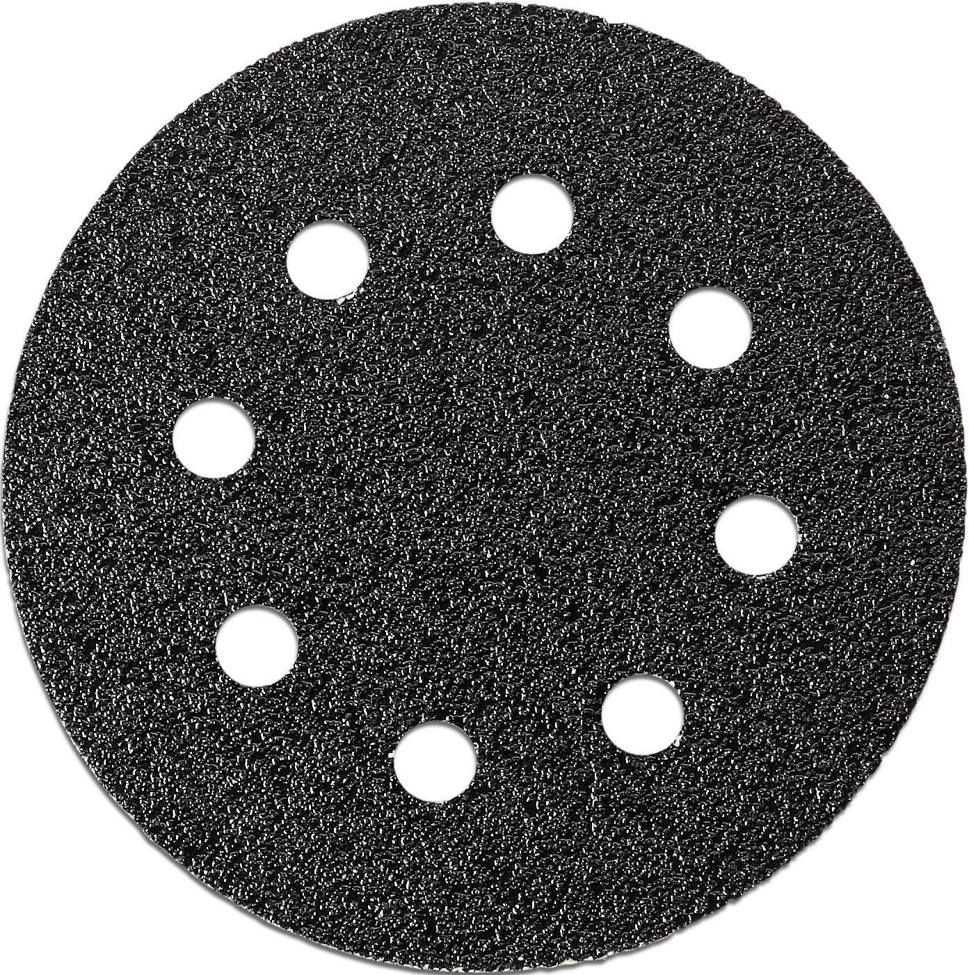 Black sandpaper grinding disc with eight holes, circular design, for surface grinding, approximately the size of the palm of a hand.