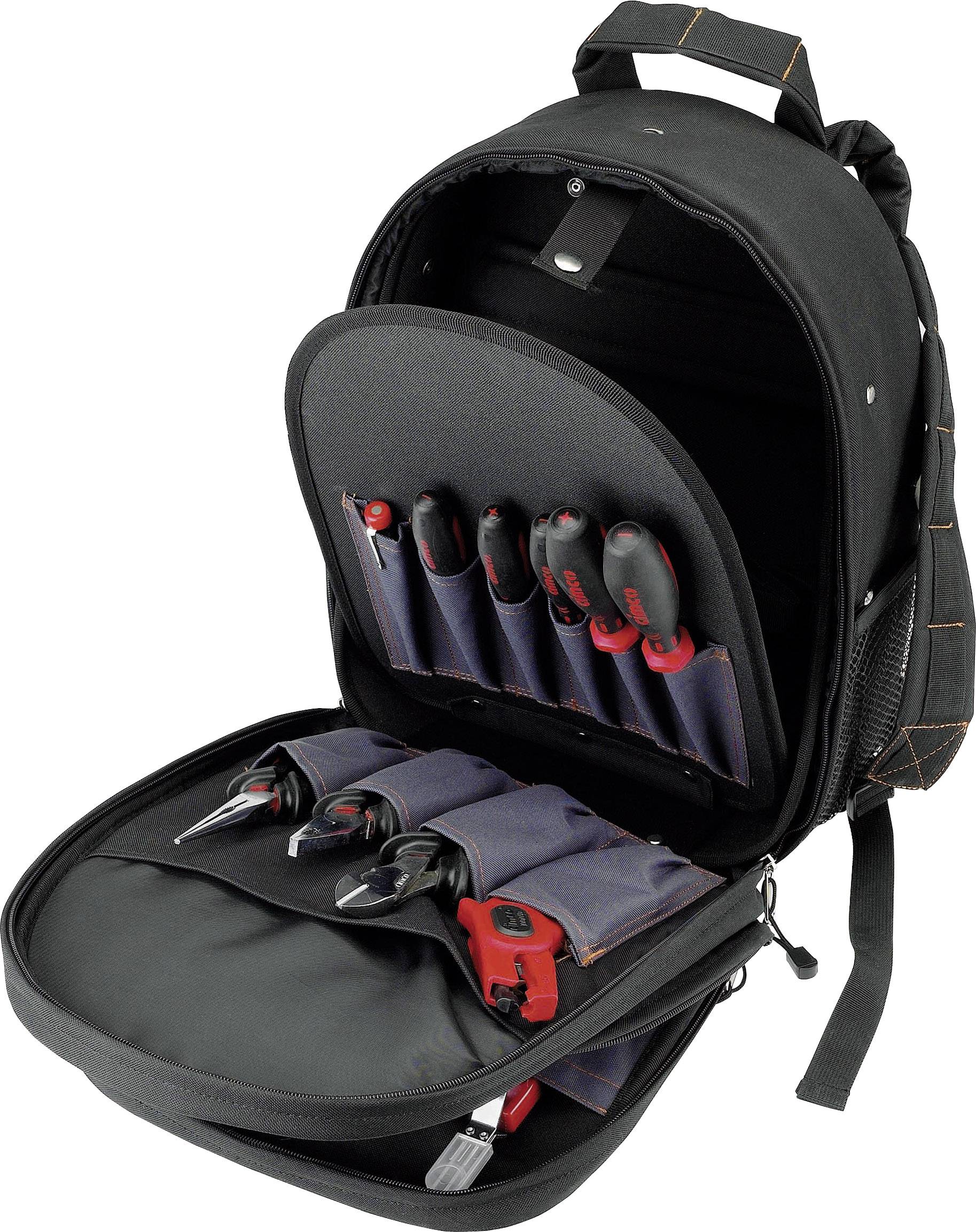 Opened black tool backpack with multiple screwdrivers, pliers and other hand tools in organised compartments.