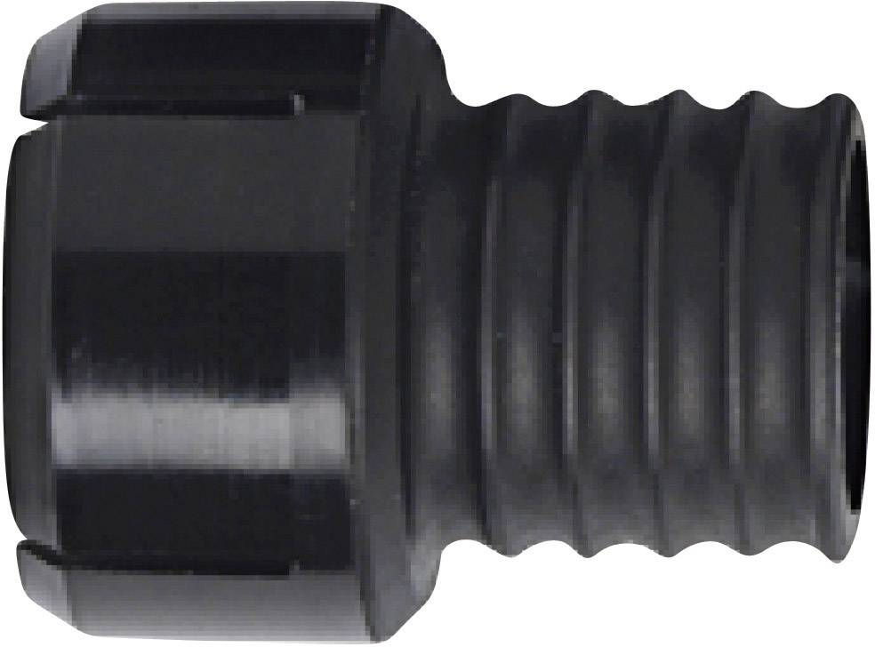 Black, ribbed plastic hose connector with a smooth end cap, photographed from the side. Suitable for pipe connections.