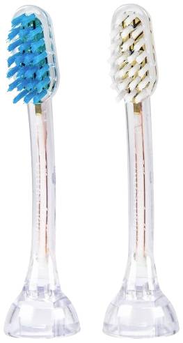 Two transparent toothbrush heads, one with blue bristles and a copper handle, the other with white bristles and a black handle.