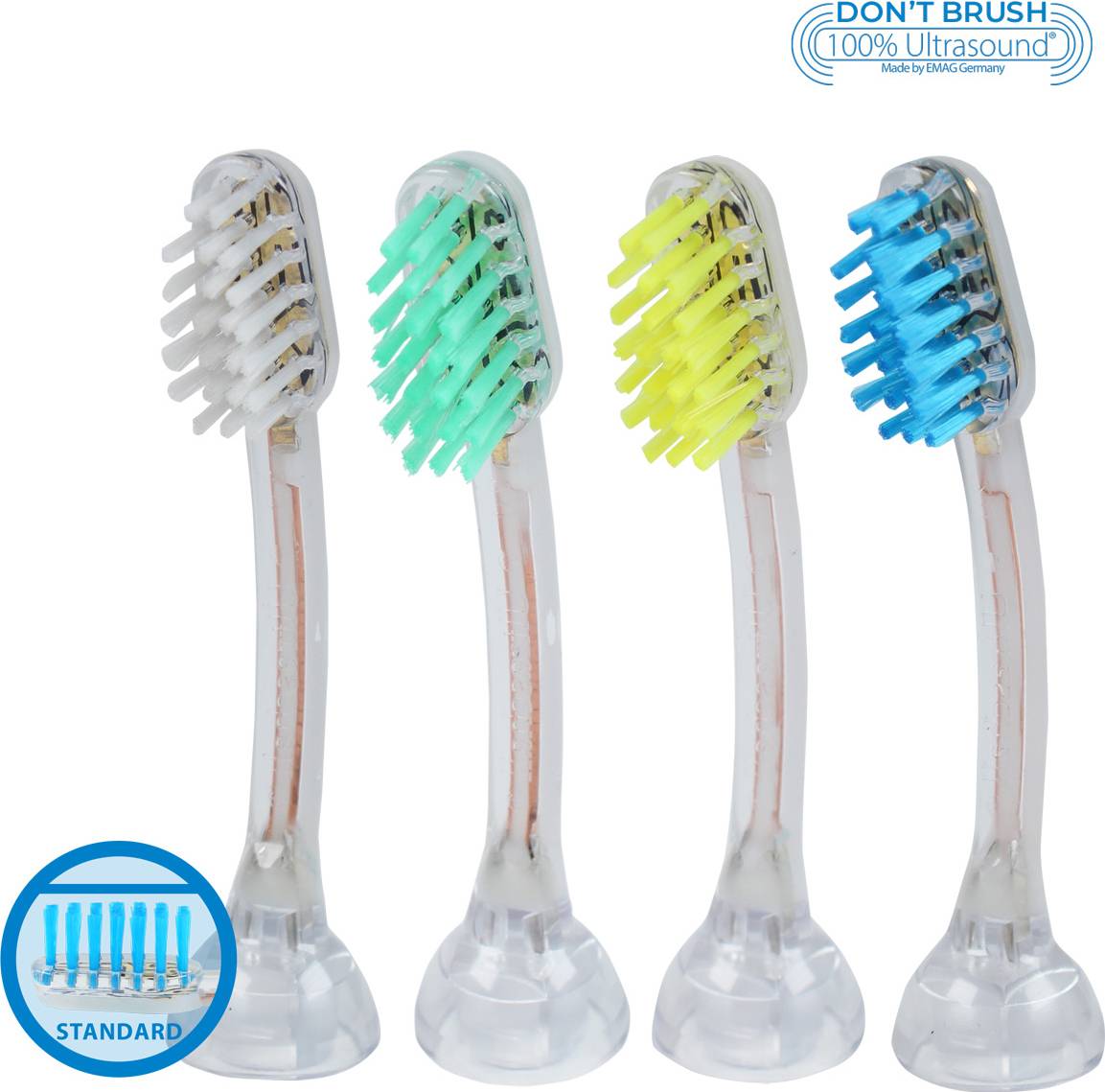 Four toothbrush heads with bristles in different colours (grey, green, yellow, blue) positioned side by side in an upright arrangement.