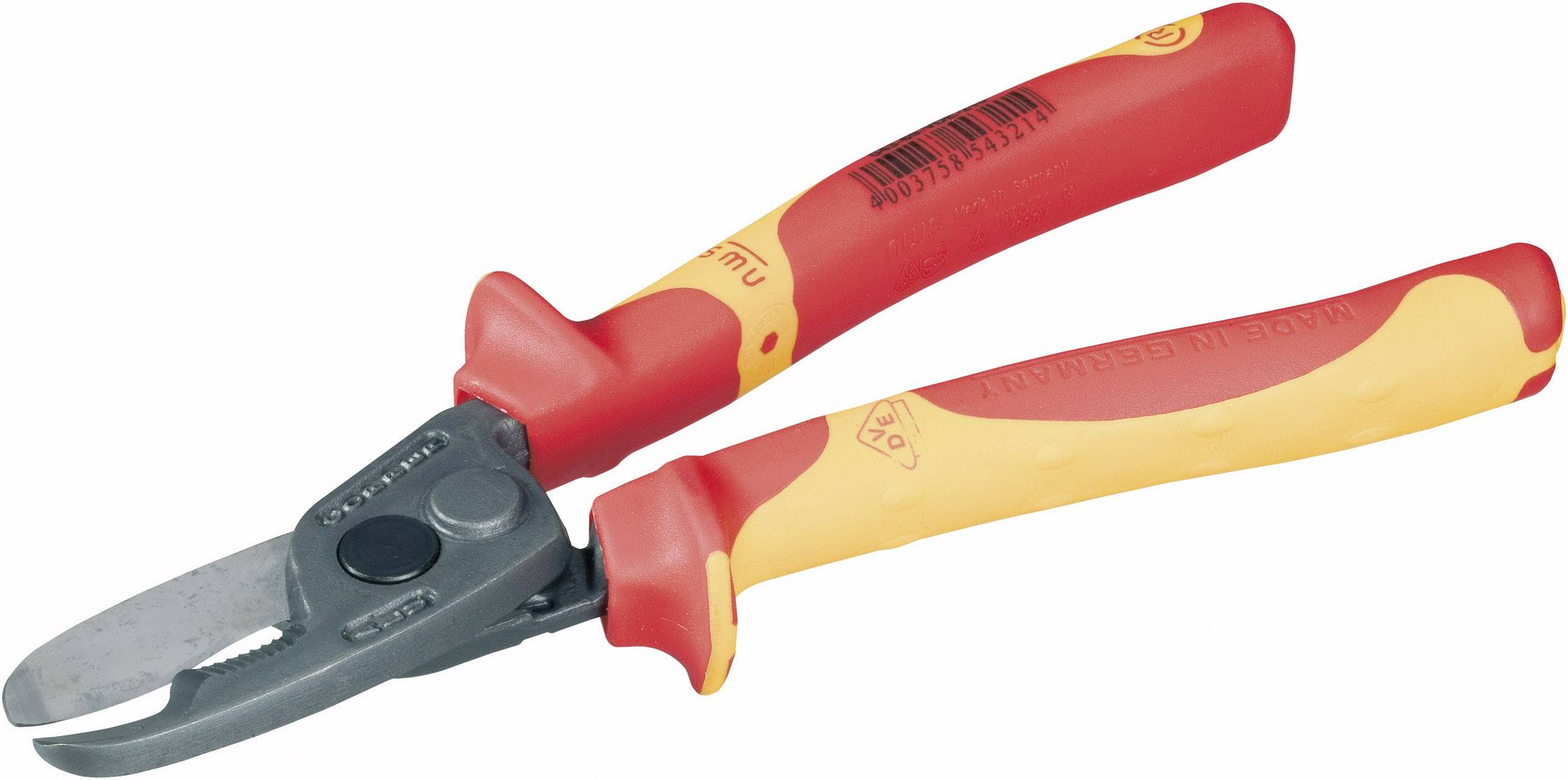 An isolated combination pliers with red and yellow handles, suitable for electrical work.