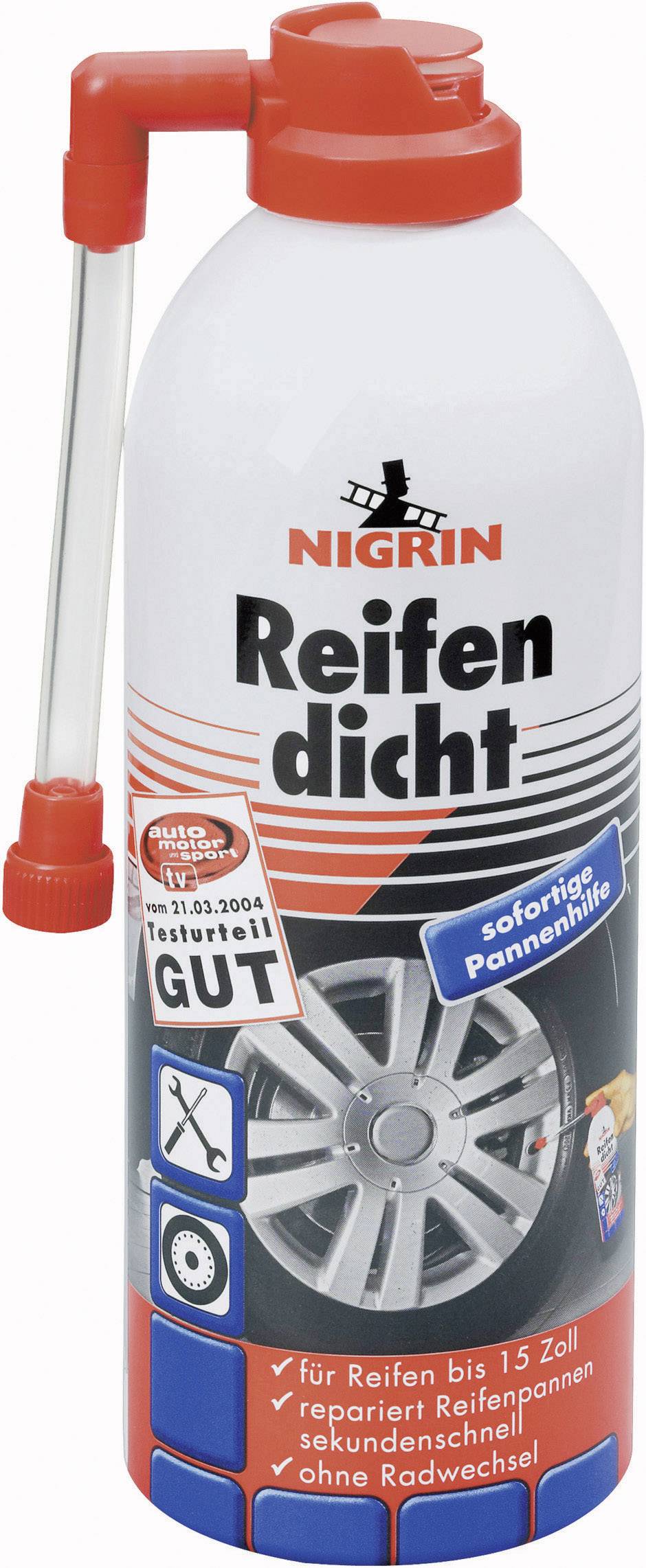 Dose Nigrin Reifendicht, zur Pannenhilfe, geeignet für Reifen bis 15 Zoll, repariert schnell ohne Radwechsel.