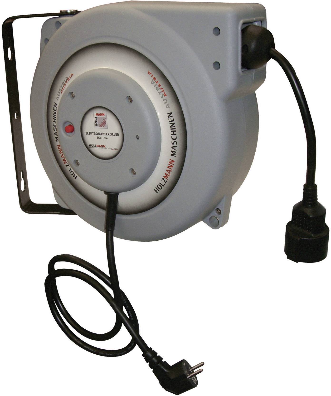 Automatic cable reel with black cable and plug, mounted on a wall bracket. Suitable for workshop use.