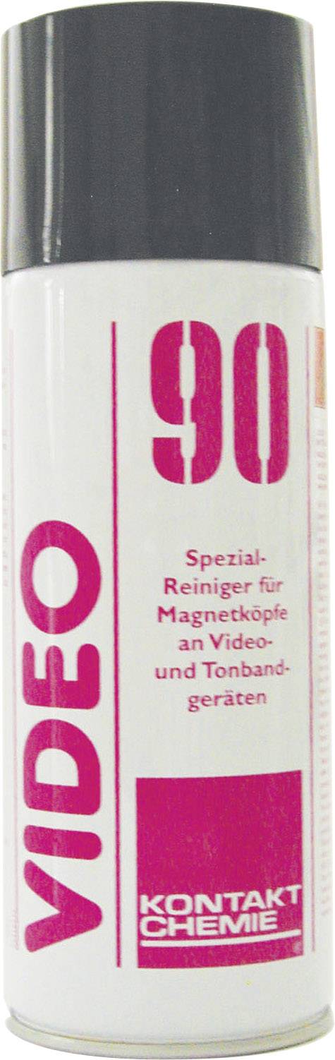Aerosol spray can with the label 'VIDEO 90', a specialist cleaner for magnetic heads on video and tape recording equipment by Kontakt Chemie.