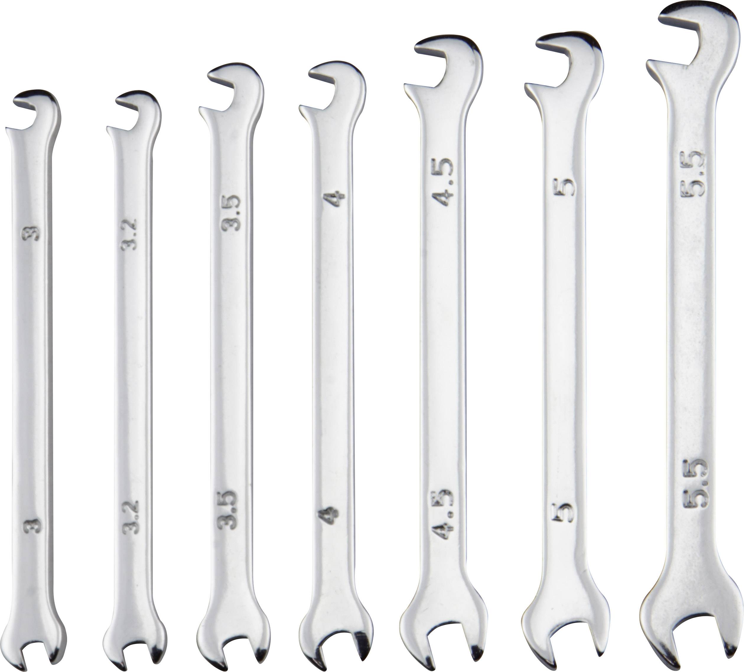 Seven open-ended spanners in different sizes from 3 to 5.5 mm, arranged in ascending order.
