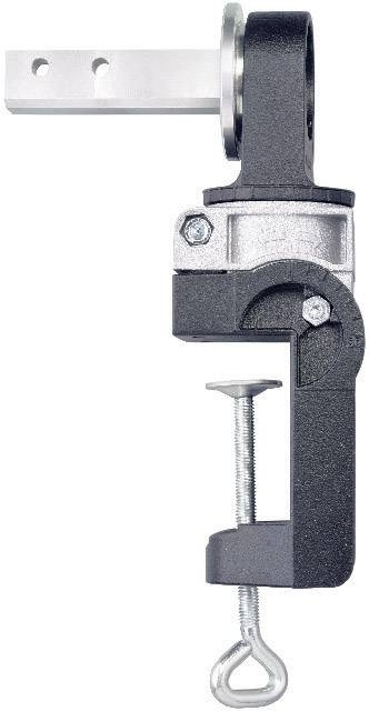 A G-clamp with a swivel joint that allows holding objects at different angles. Ideal for workshop tasks.