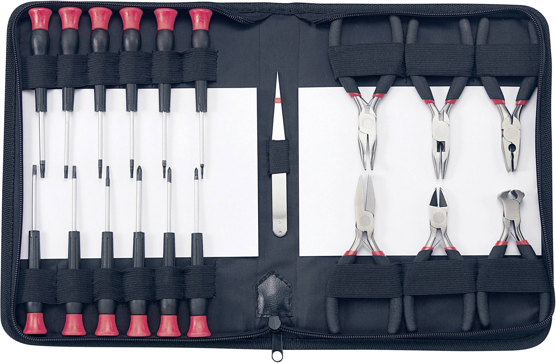 An opened tool set displays several screwdrivers, tweezers and pliers with red handles, neatly arranged in a case.