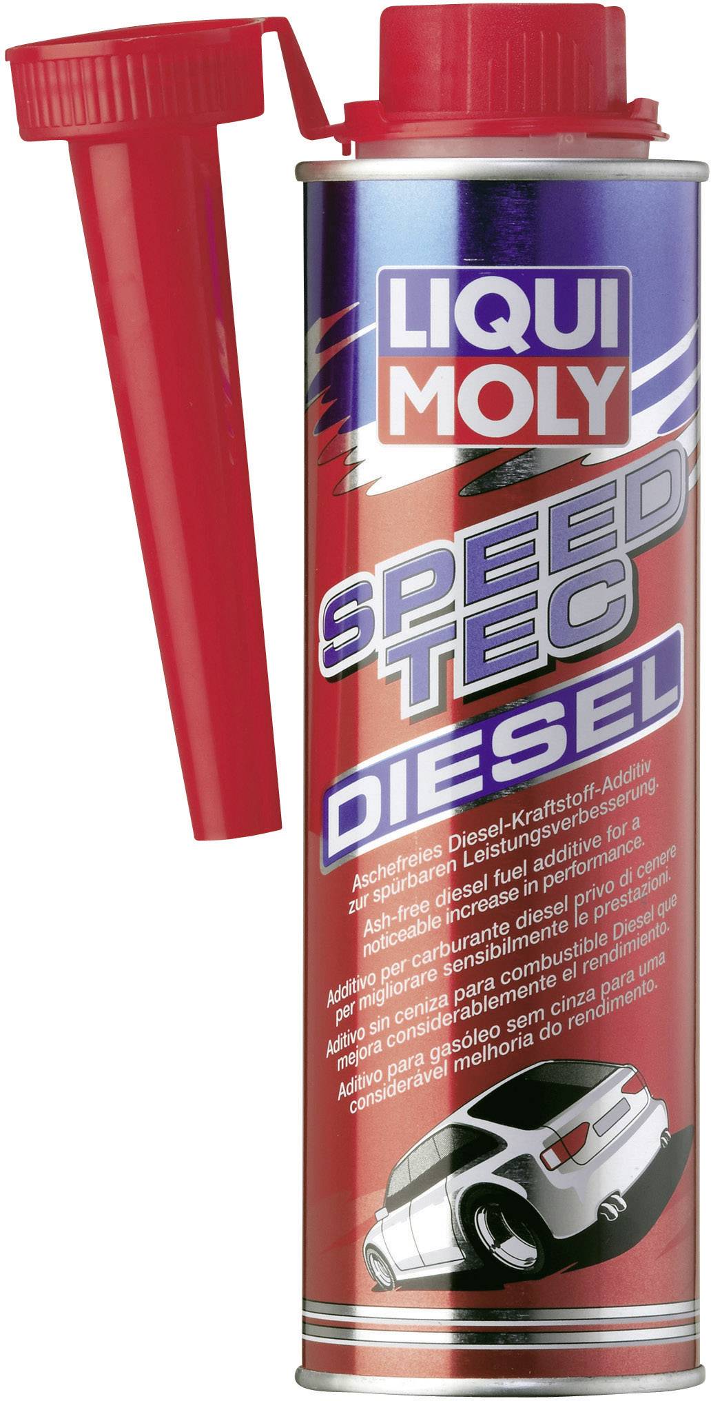 A tin of Liqui Moly Speed Tec Diesel Additive with a red lid and red applicator, which improves engine performance.