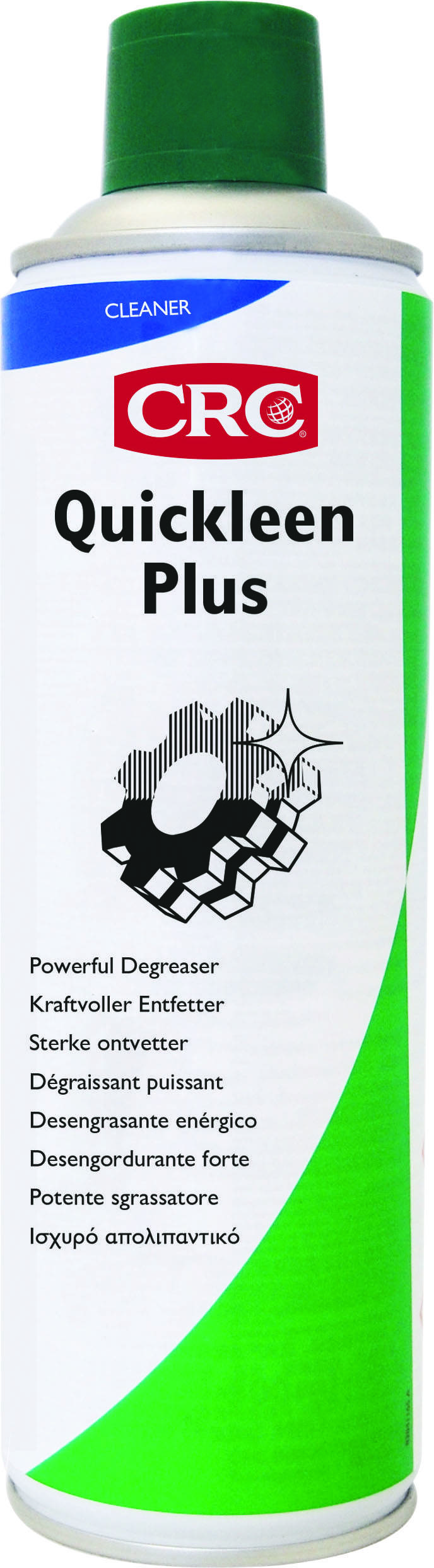 Spray can with green and white label, labelled 'CRC Quickleen Plus', a powerful degreaser. Suitable for industrial applications.