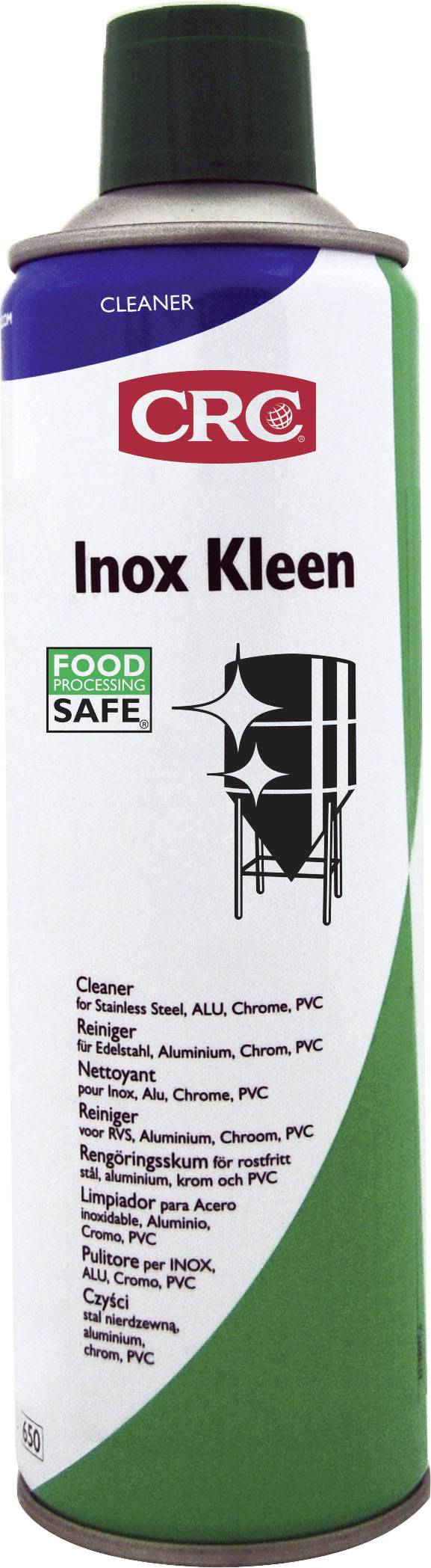 Spray can of CRC Inox Kleen, labelled as 'Food Safe'. Cleaner for stainless steel, aluminium and chrome.