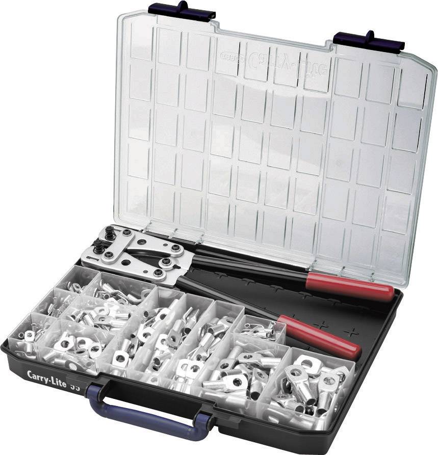 An open toolbox with multiple compartments, containing metal clips and tools with red handles.
