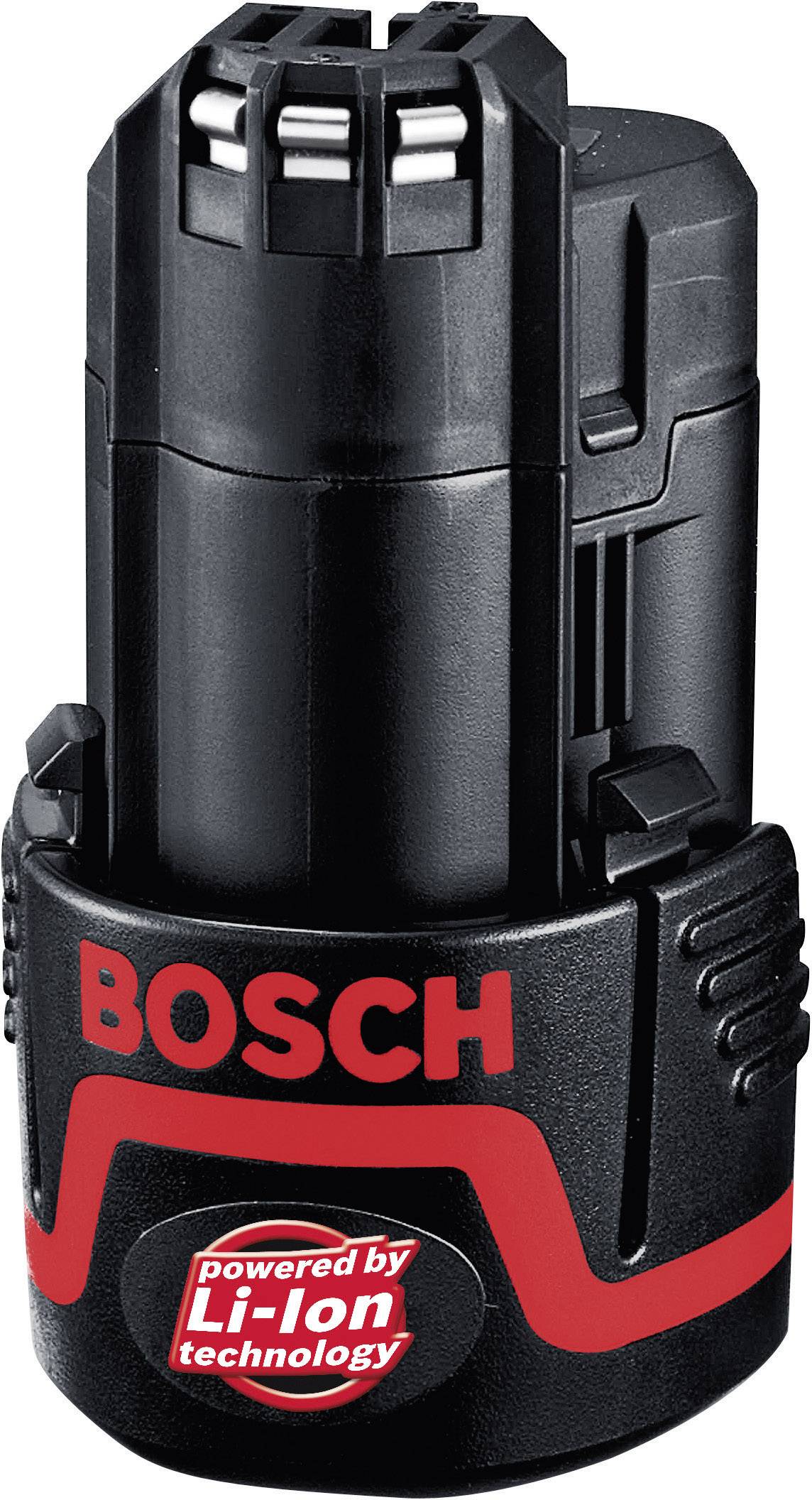 Black Bosch battery with red logo and 'powered by Li-Ion technology' text, angular design.