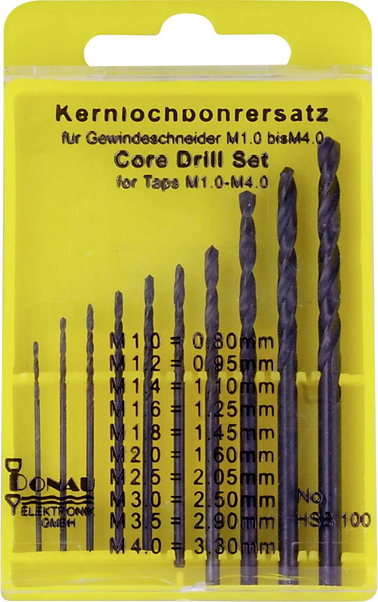 'Core Drill Replacement Set for Thread Cutters M1.0 to M4.0' in a yellow package, contains 10 drills of varying sizes.