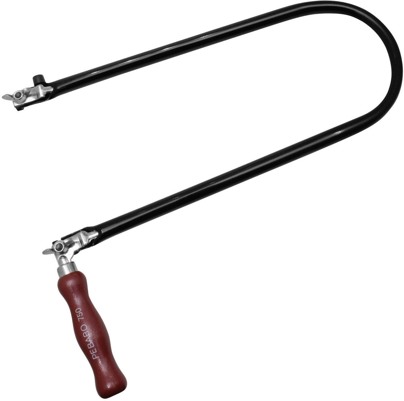 Metal hacksaw with a red wooden handle and black frame. Typically used for cutting metal.