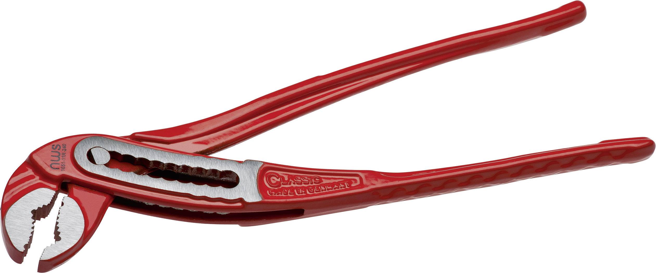 Red water pump pliers with adjustable jaws and non-slip grip, suitable for plumbing installations.