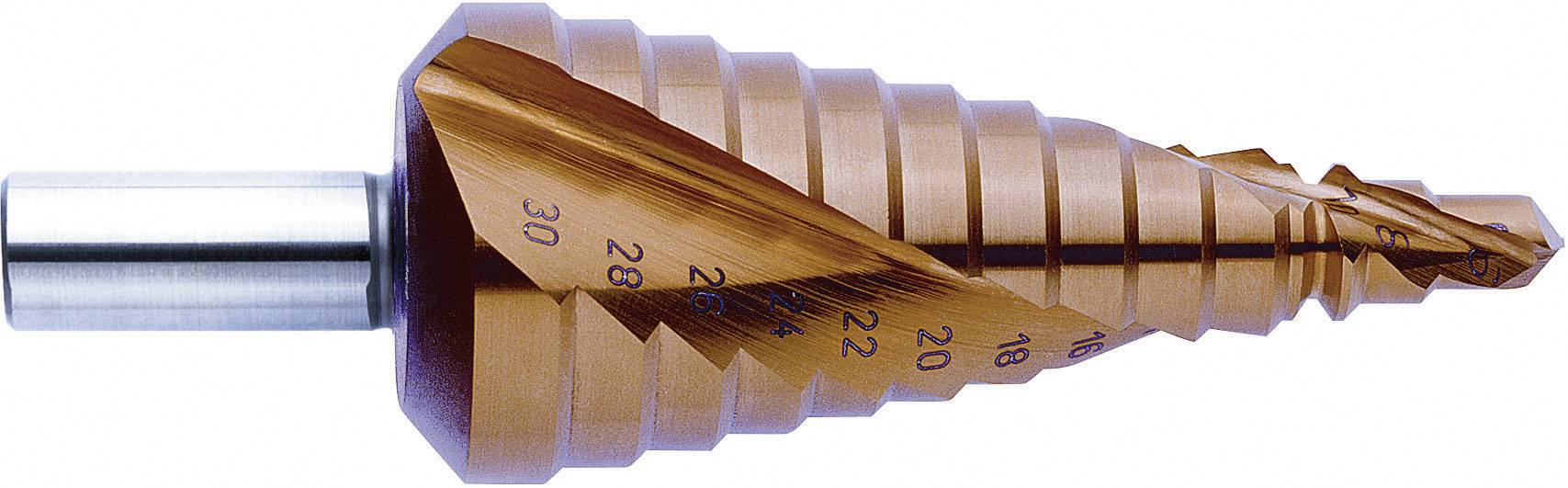 Metal spiral drill bits with a tapered form, stepped diameters, and markings on the surface for size adjustment.