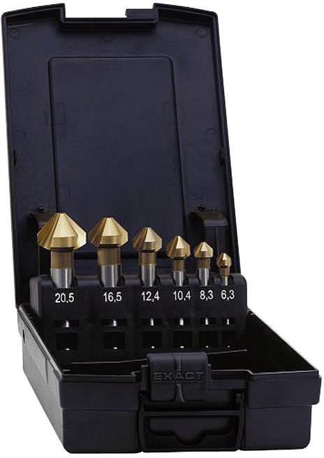 Six-piece countersink set in an open black box with metric size specifications: 20.5, 16.5, 12.4, 10.4, 8.3, 6.3 millimetres.