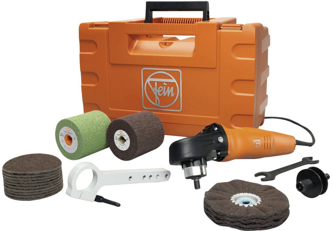 Tool set with an orange machine, grinding wheels, instructions, and accessories, suitable for surface treatment.