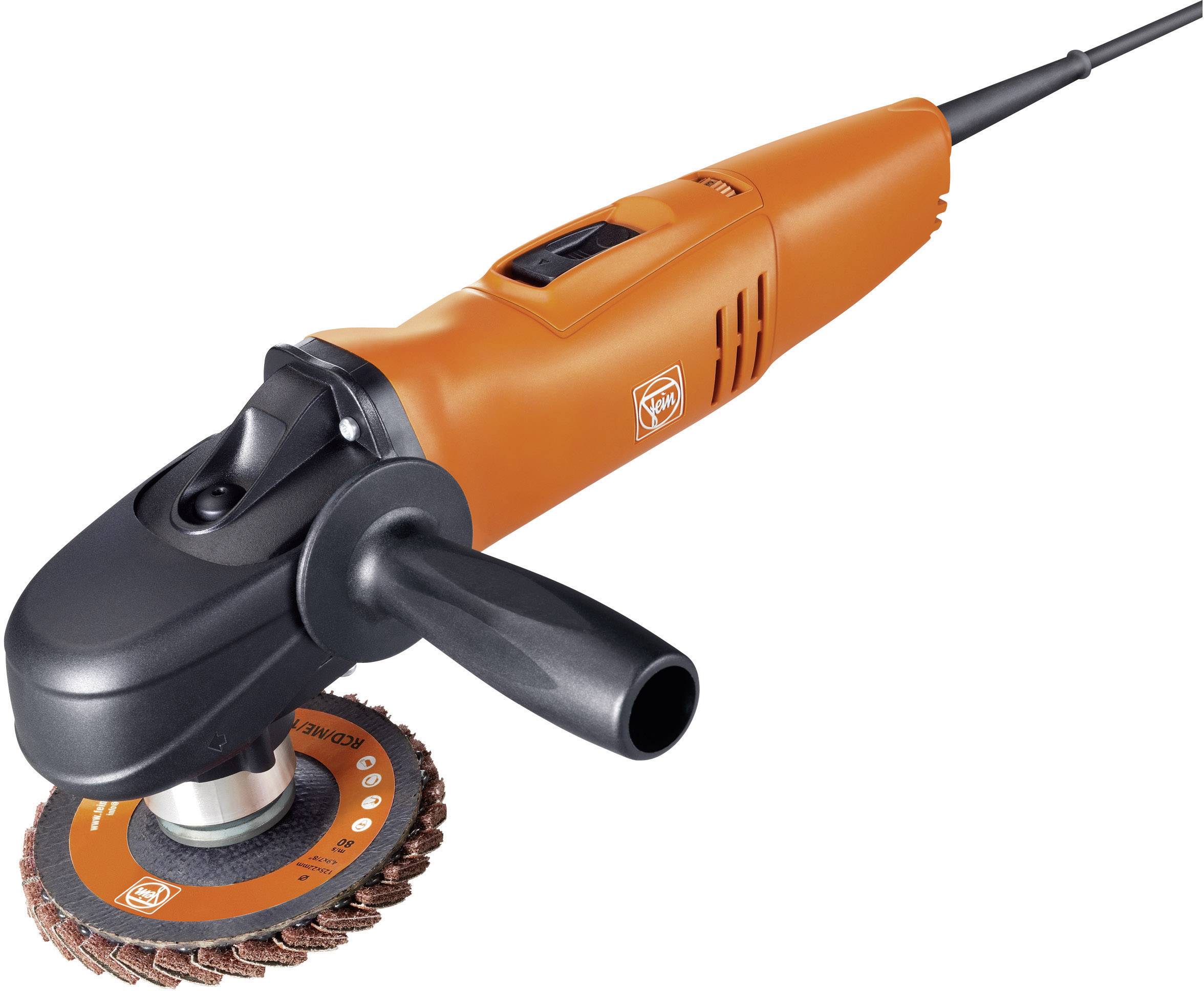 An orange angle grinder with a black handle and a rust-brown grinding disc, viewed from the side.