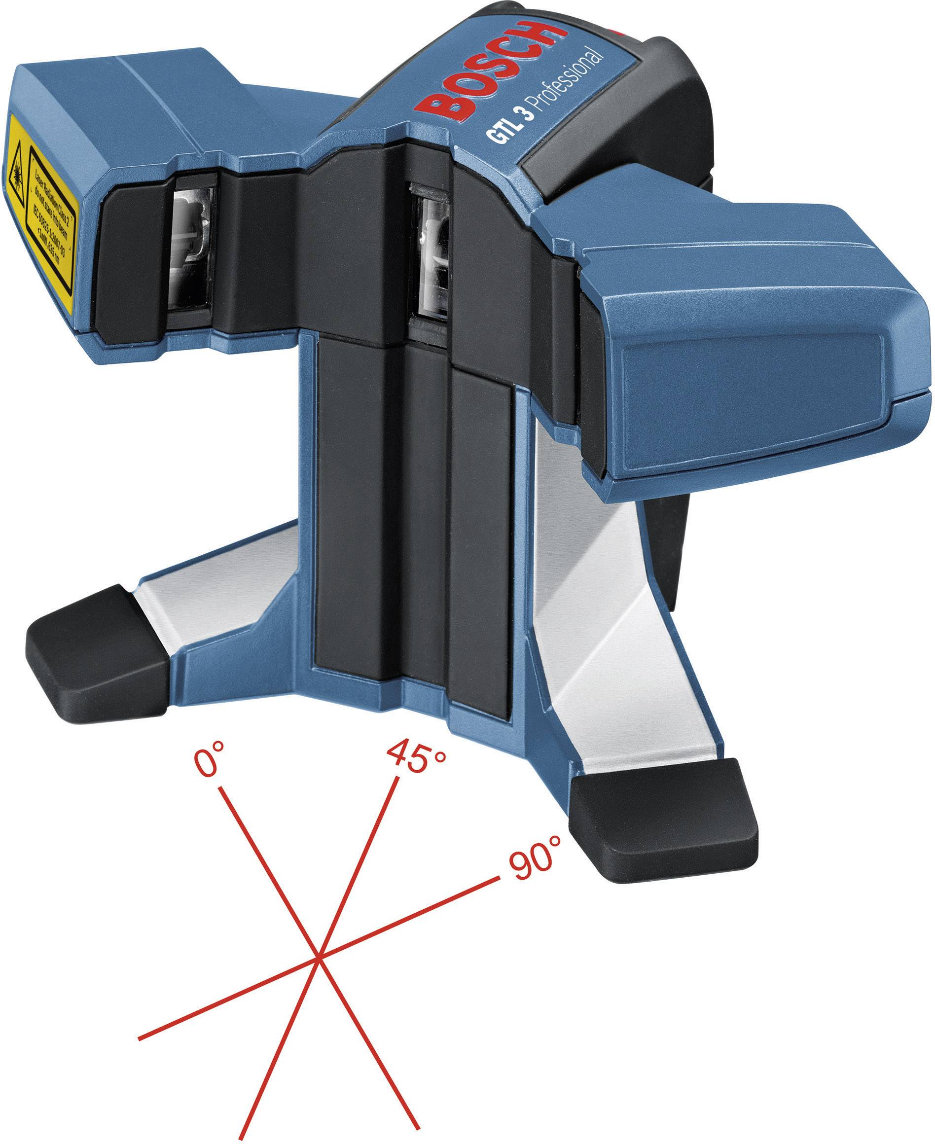 Bosch GLM 90° Line Projector. Displays three red lines at 0°, 45°, and 90°, suitable for precise angle measurements in construction projects.