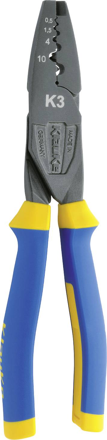 A crimping pliers with blue and yellow handles, marked as 'K3', for stripping and crimping cables.