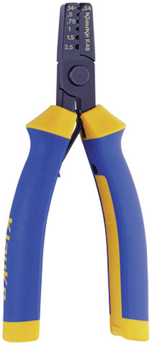 Wire stripping pliers with a blue and yellow handle and scale on the black cutting device, suitable for cable sizes from 0.5 to 14 square millimetres.