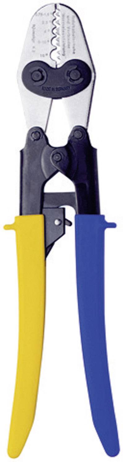 Hand clamp with yellow and blue handle, used for closing and tightening objects.