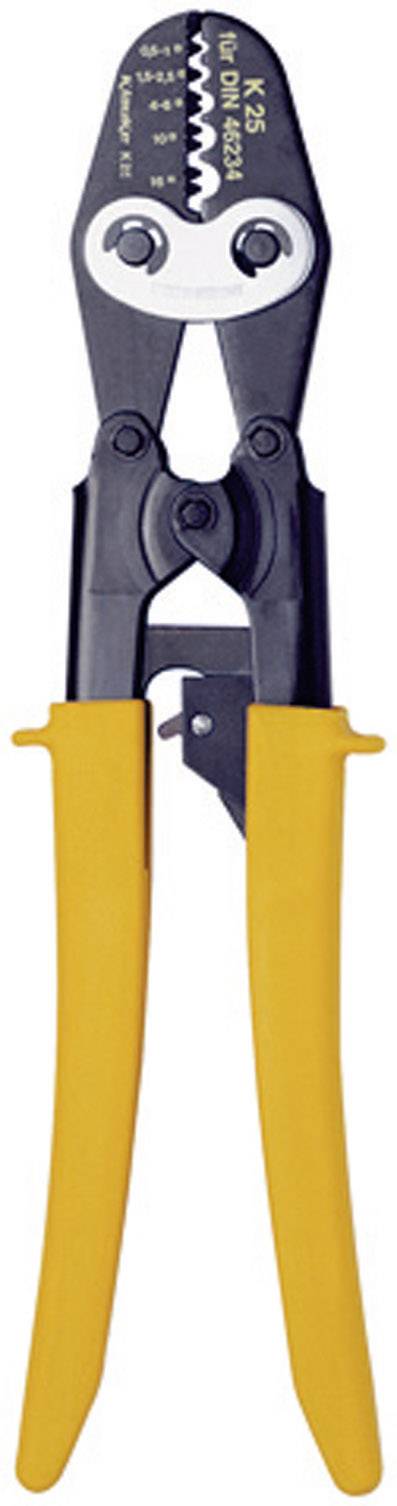 Yellow-handled pliers, suitable for cutting and crimping cables. The upper section includes a scale for different cable sizes.