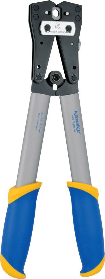 Crimping pliers with blue and yellow handles, suitable for connecting cable lugs and connectors.