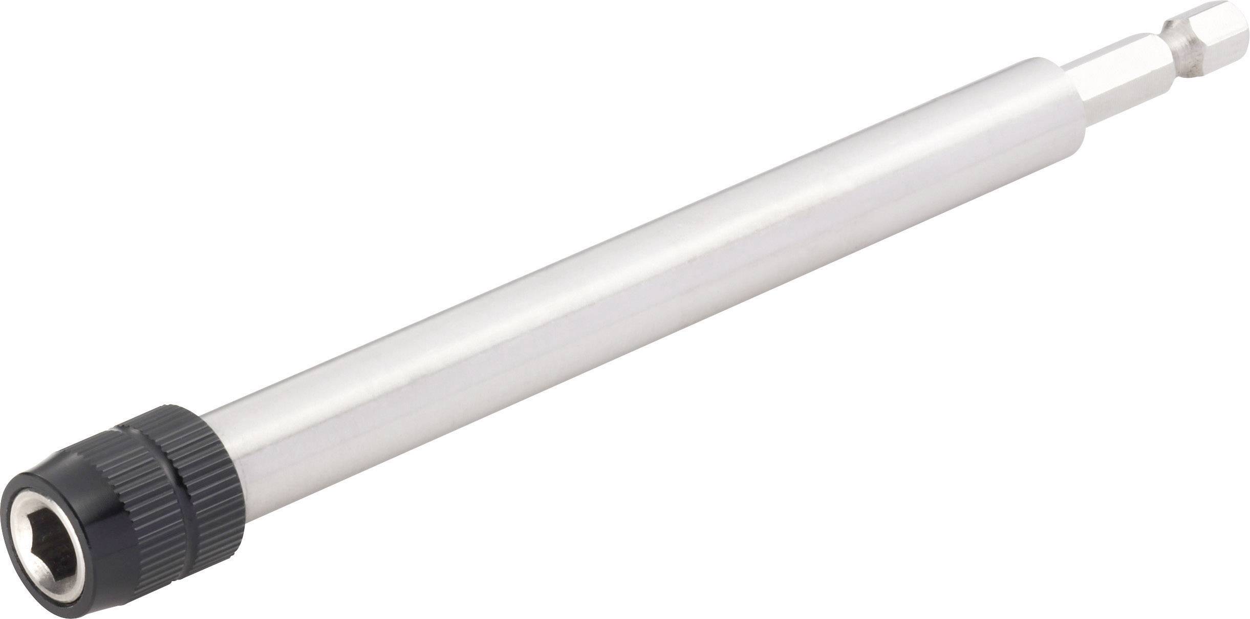 Extension adapter for screwdriver with hexagonal drive. Silver metal rod with black end piece.