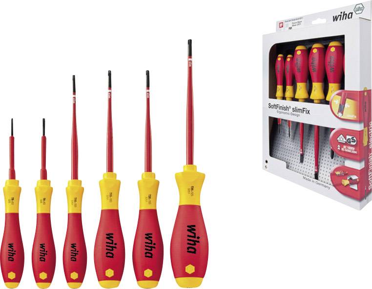 'Wiha SoftFinish slimFix' Screwdriver Set, five pieces. Red and yellow handles. Packaging with product information shown on the right.