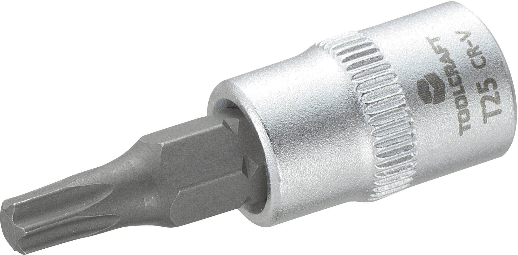 A silver tool bit with a Torx T25 bit for screws, marked with 'TOOLCRAFT T25 CR-V', made of chrome vanadium steel.