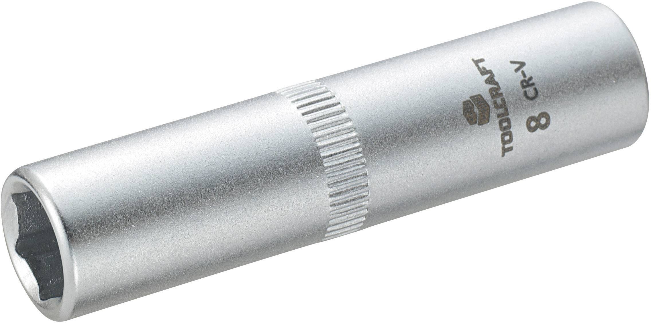 A silver socket wrench with the inscription 'TOOLCRAFT 8 CR-V', suitable for hexagon bolts, indicates a size of 8 mm.