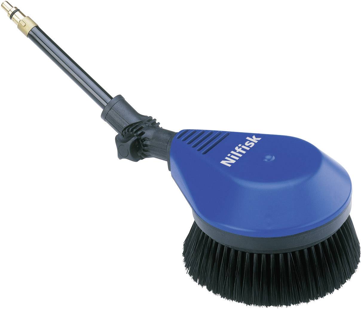 A round brush with a black bristle head and blue handle, with the name 'Nilfisk' written on it.