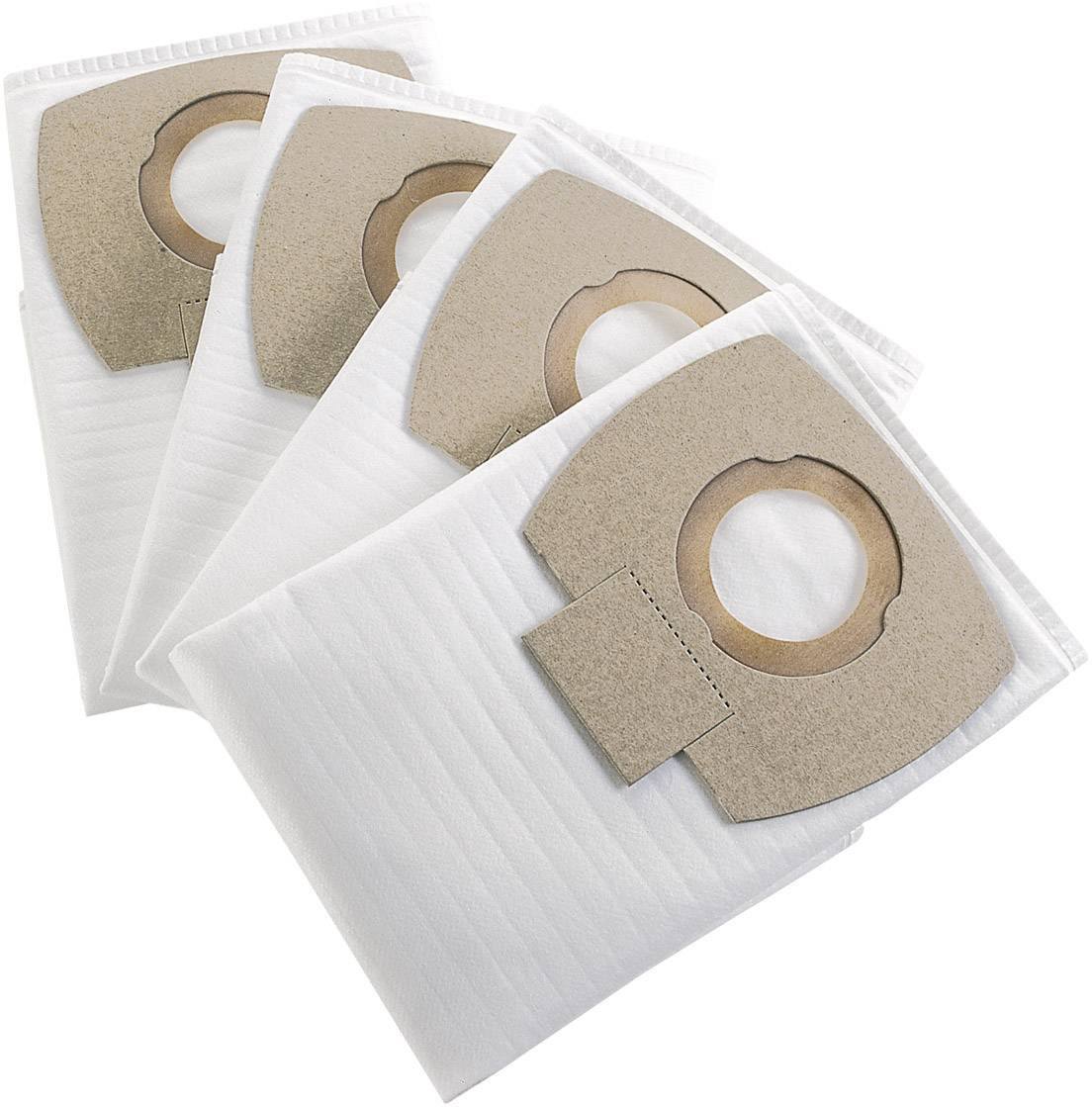 Four vacuum cleaner bags made of white fabric with brown cardboard holders, lying side by side.