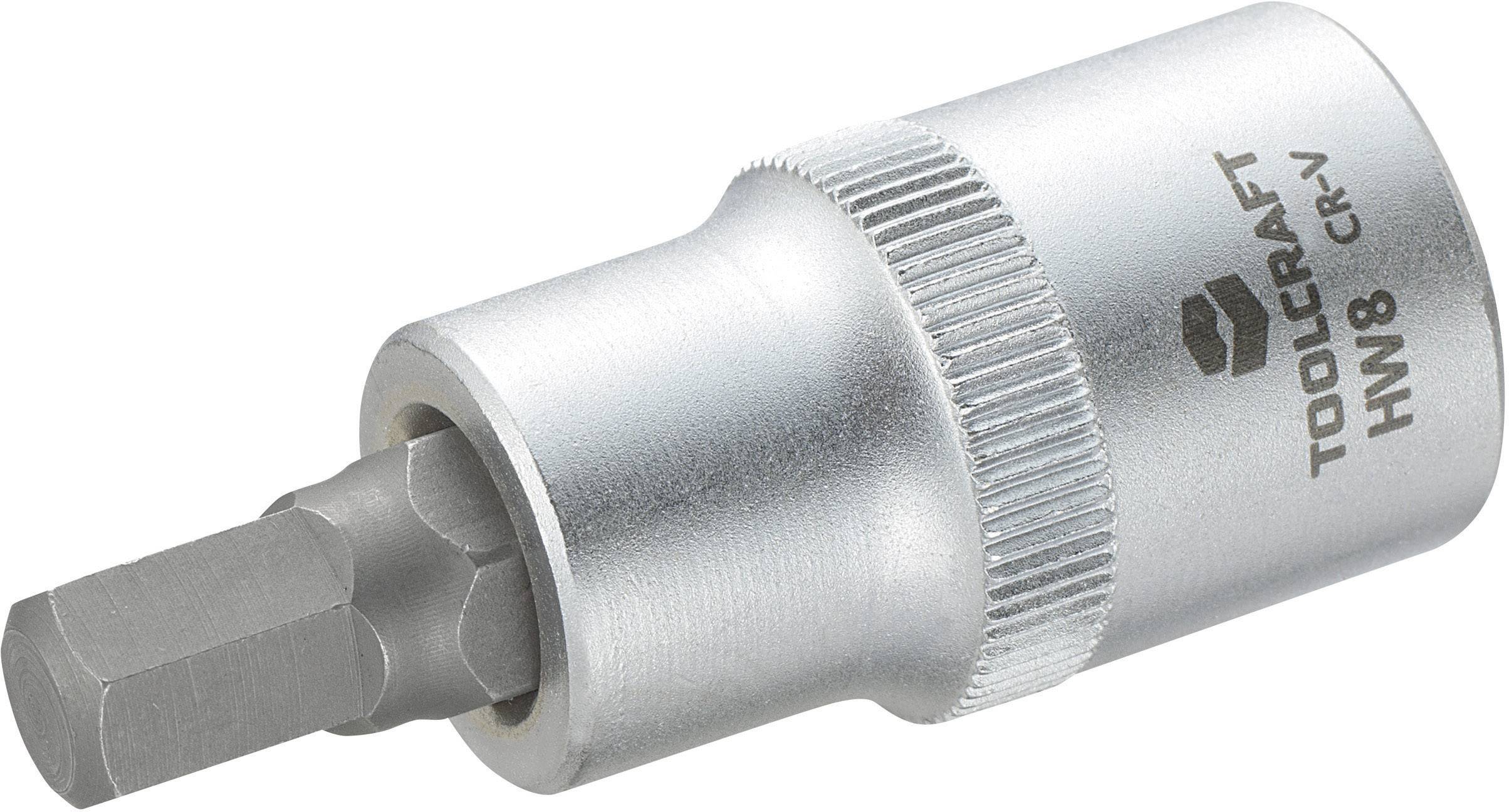 Silver socket bit adaptor with hexagonal drive, marked 'TOOLCRAFT HW8 CR-V', for use with specialised bits.