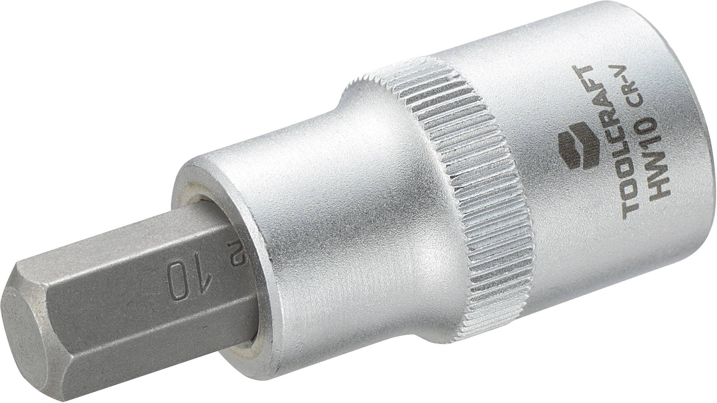A silver hex bit socket with an internal hexagon for size HW10, marked with 'Toolcraft HW10 CR-V'.
