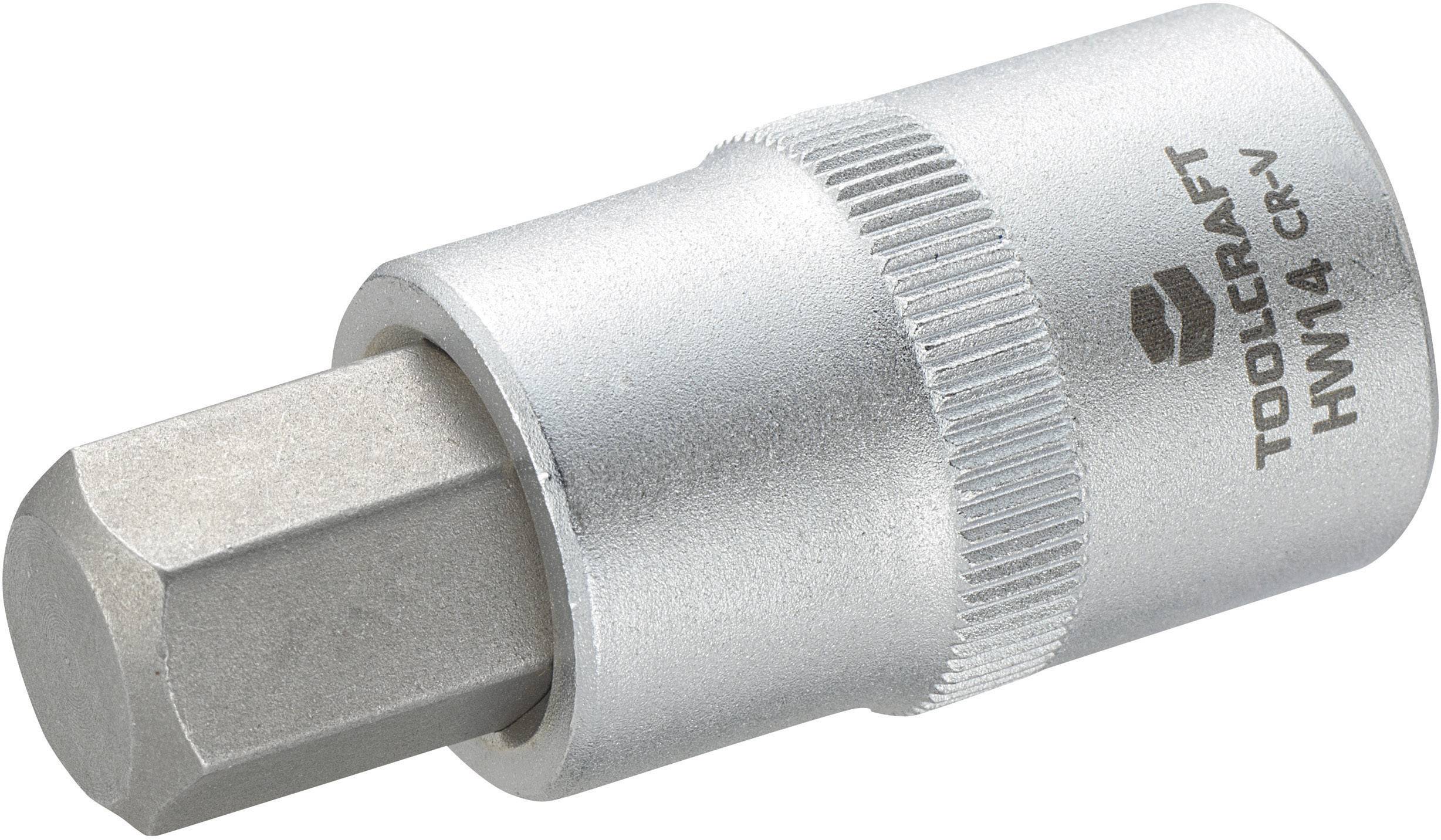 Socket with 14 mm internal hexagon made of chrome vanadium steel, Toolcraft brand, silver-coloured, with knurled edge for better grip.