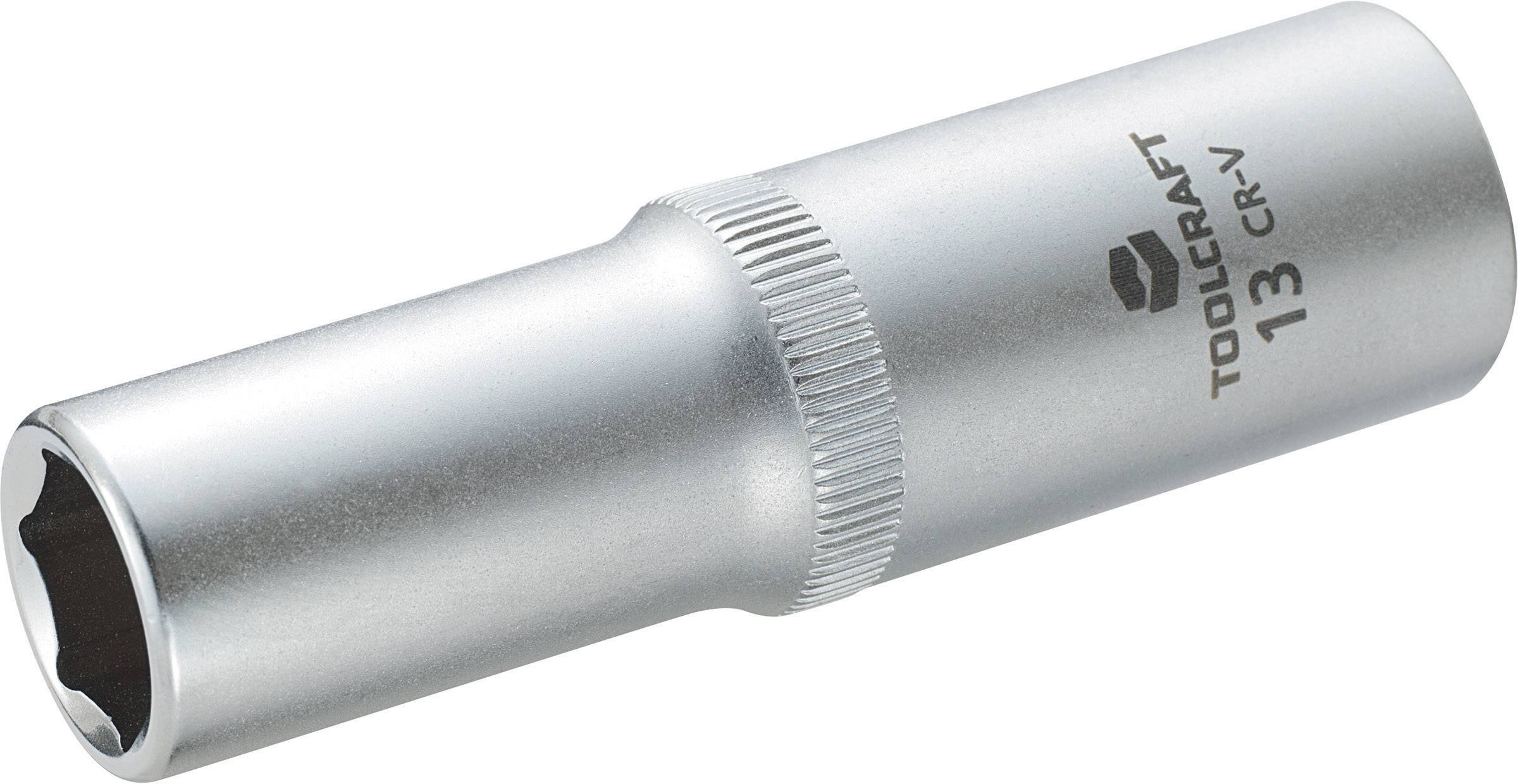 Metal socket attachment with the imprint 'TOOLCRAFT 13 CR-V', used for tightening and loosening screws.