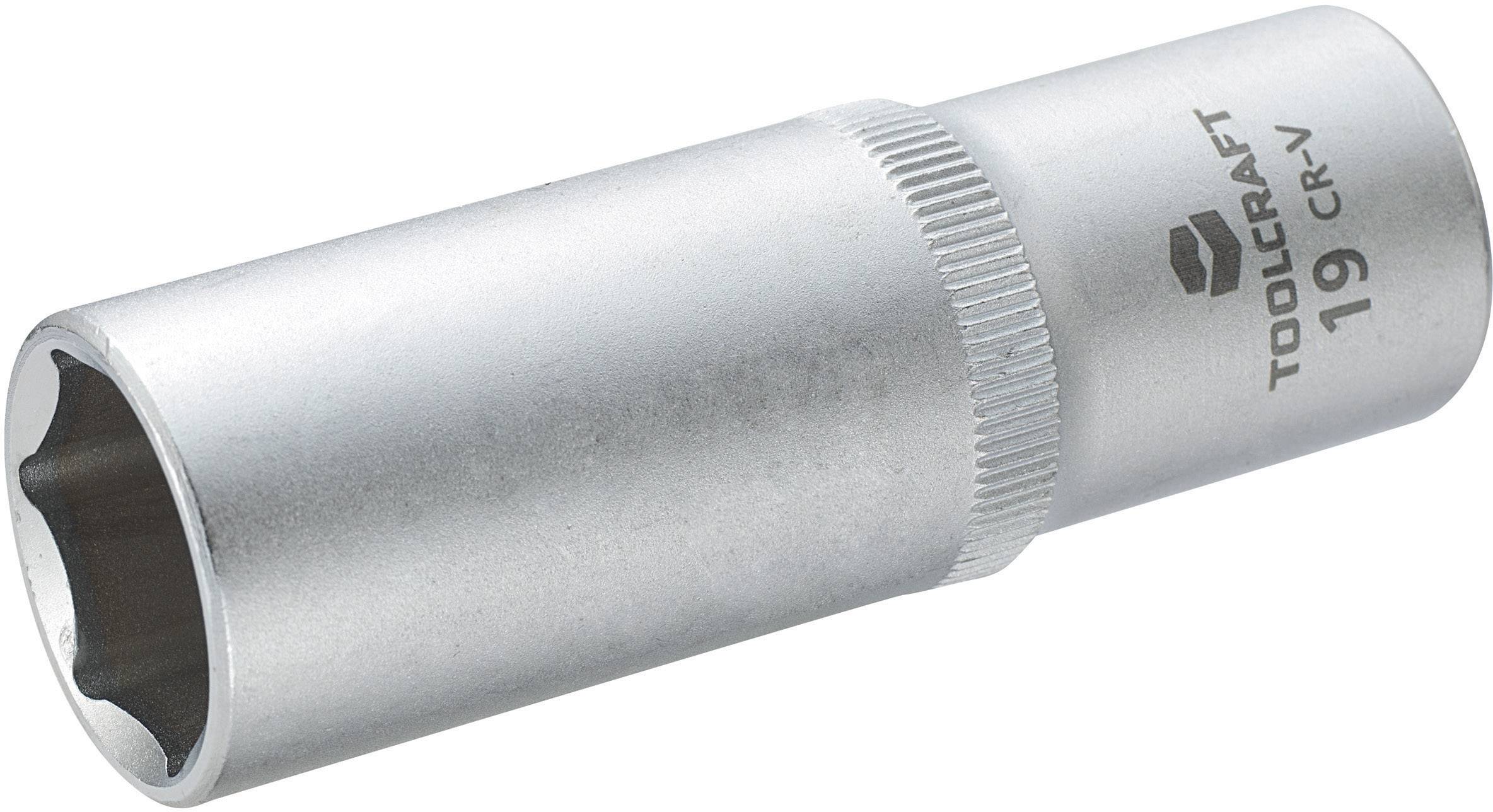 Metal socket insert size 19 mm, hexagonal shape, with inscription 'TOOLCRAFT 19 CR-V', for manual or machine assembly.