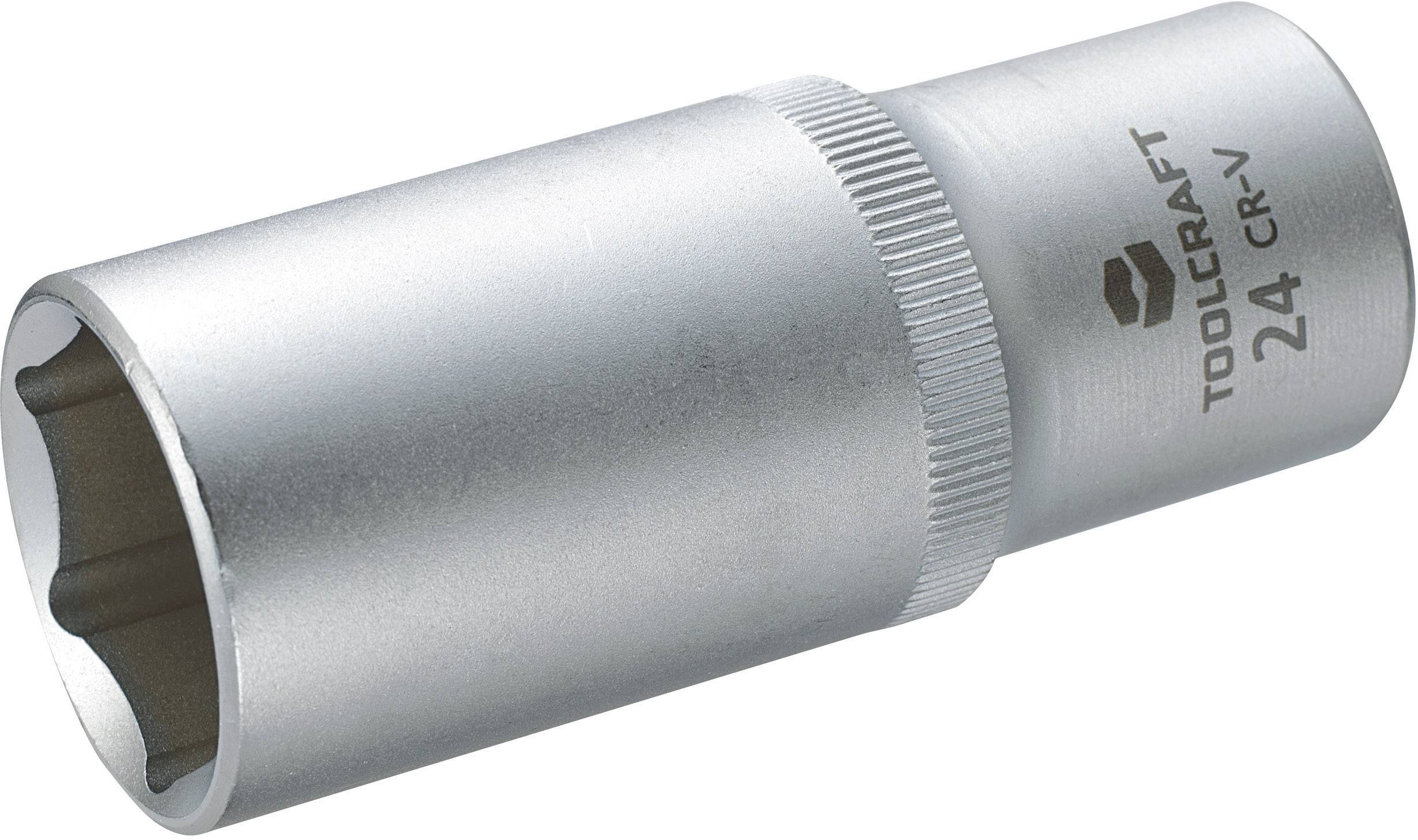 Metal nut with 'TOOLCRAFT 24 CR-V' inscription, silver-coloured, cylindrical shape with ribbing in the middle for better grip.